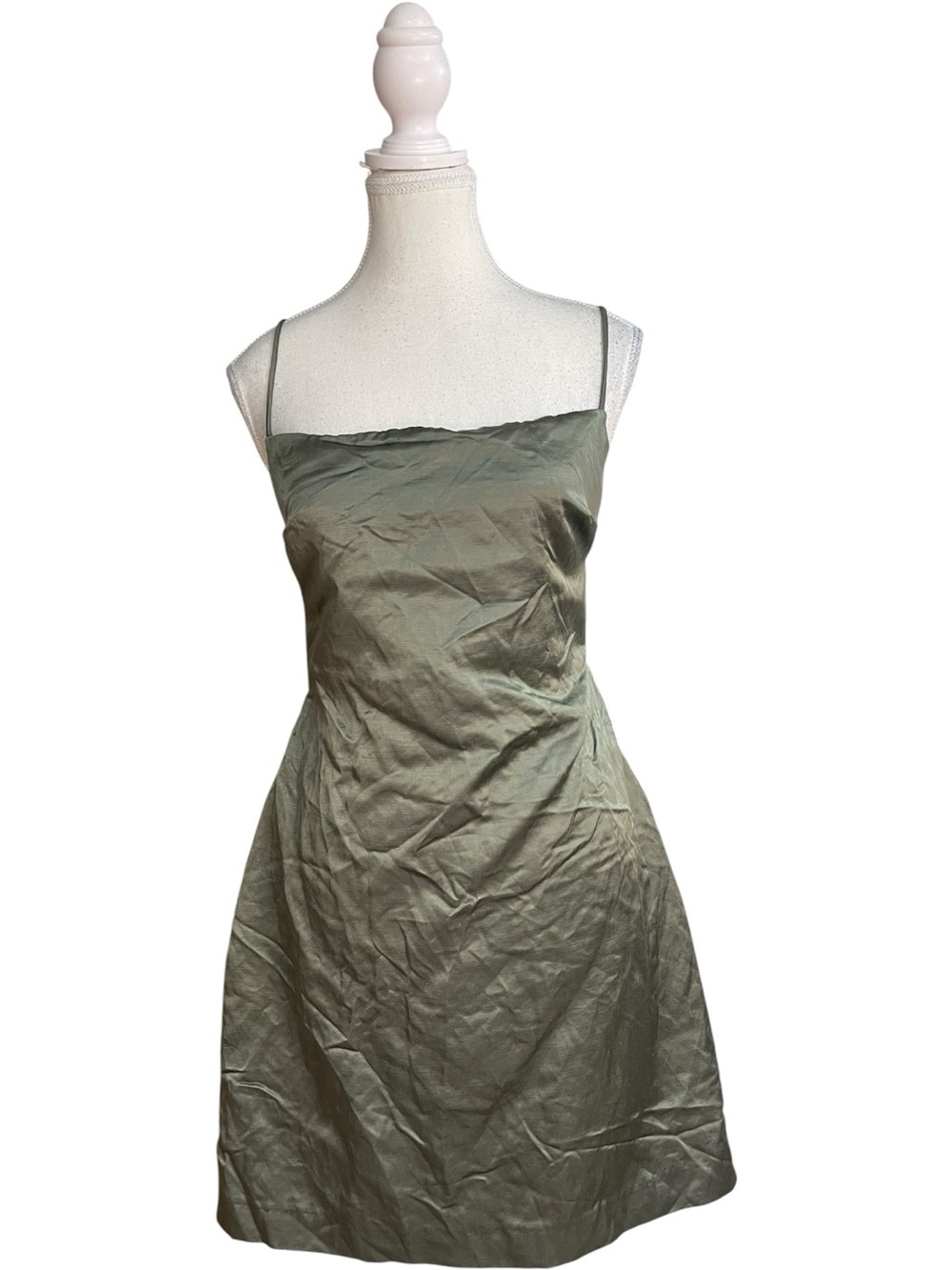 Zara Satin Linen Open Back Cami Mini Dress Khaki Green